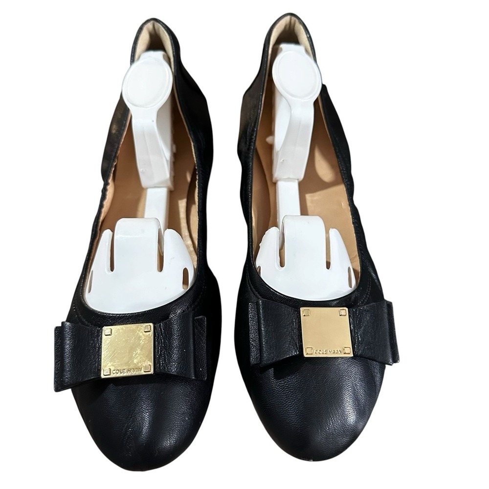 Cole Haan Tali Bow Ballet Flats Gold Square Black Leather Shoes Women's 9.5 B - Picture 10 of 10